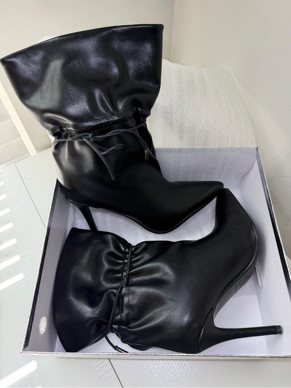Black High-Stiletto Drawstring Ankle Boots